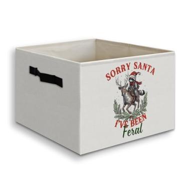 Imagem de JUIOEIU Caixa organizadora dobrável de Natal engraçada com alças, rústica, Papai Noel, rena, guaxinim, férias, organizador dobrável, para quarto, banheiro, roupas, brinquedos, livros