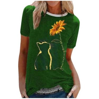 Imagem de Camiseta feminina com decote em O casual com costura fina girassol gat