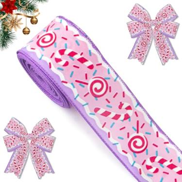 Imagem de ALIBBON Fita de Natal de 6,3 cm × 10 m de pirulito de bengala doce fitas de serapilheira com fio rosa roxo fita de decoração de Natal para decoração de guirlanda de Natal faça você mesmo artesanato