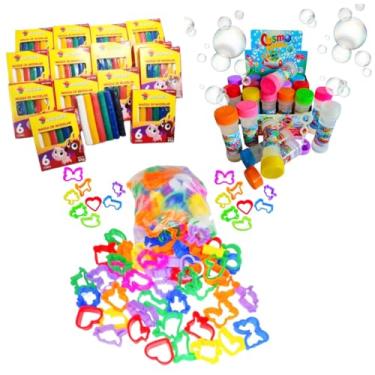 Imagem de Kit 30 Massinha de Modelar + 30 Bolha de Sabão + 30 Cortador Forminha Infantil Lembrancinha