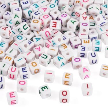 Imagem de Spritewelry 150 peças de contas de letra acrílica cubo colorido A/E/I/O/U contas de letra inicial para artesanato faça você mesmo, pulseira, colar, chaveiro, cordão