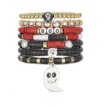 Imagem de OATHYAN 7-8 peças de pulseira Heishi de Natal para mulheres, linda pulseira de liga elástica, conjunto de contas de argila de polímero com pingentes de letras, One Size, Liga de aço Argila de polímero