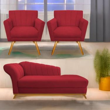 Imagem de Kit Diva Recamier Vanessa 160Cm Lado Direito E 02 Poltronas Laura Suede Cor Vermelho