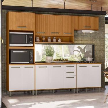 Imagem de Cozinha Modulada Completa 5 Peças 12 Portas 2 Gavetas com Torre Quente Criare Freijó Ripado/Off White Acetinado