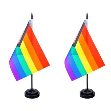 Imagem de JBSJBS Pride Gay Desk Flag 30.5 cm Solid Pole Deluxe Set Progress Pride Rainbow Flags Banner Mini Pequenas Bandeiras de Mesa de Escritório LGBTQ com Base de Suporte Preto Decorações de Mesa (pacote