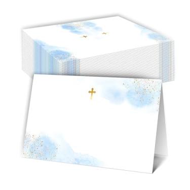 Imagem de Cartões de batismo, cartão de nome azul em aquarela para mesa, 25 cartões de mesa religiosos de folha dourada para jantar de batismo de primeira comunhão, decorações de presentes de batismo para