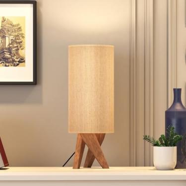 Imagem de Abajur de Mesa Viena Bege Cúpula em Tecido Premium e Tripé de Madeira Maciça
