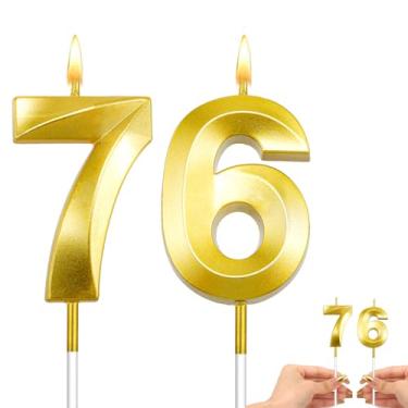 Imagem de Velas douradas de 76 anos, decorações de bolo de aniversário de 76 anos