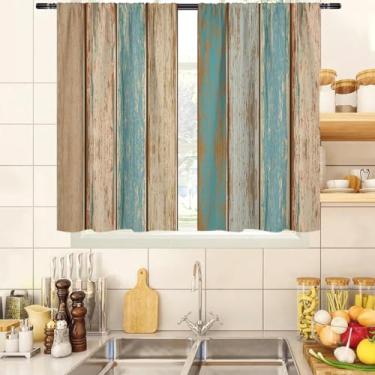 Imagem de zokyer Cortinas de cozinha ocidentais azul-petróleo marrom fazenda rústica sudoeste porta de celeiro cabine pequena curta 69,8 cm L x 99 cm C camadas de tratamento de janela para sala de estar quarto