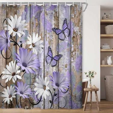 Imagem de JAWO Cortina de chuveiro floral Farmhouse, cortinas de chuveiro decorativas de tecido borboleta de flor roxa rústica para conjuntos de banheiro, cortina de planta de madeira marrom roxo campestre