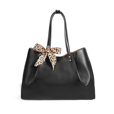 Imagem de cotika Sacola feminina, bolsa de ombro grande, de couro vegano, bolsas Hobo, bolsas com bolso destacável, cachecóis de seda requintados, Preto, Large