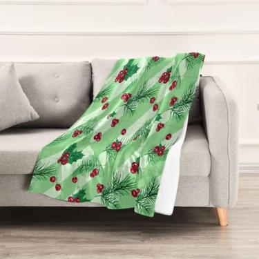 Imagem de Wassud Cobertores e mantas de Natal 152 x 228 cm folhas de azevinho listras verdes cobertor para sofá, cobertor quente de lã de pelúcia aconchegante para cama, sofá, cadeira, decoração de casa