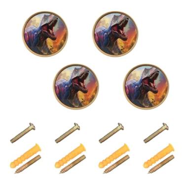 Imagem de CEBUGI Conjunto de 4 puxadores de armário coloridos tiranossauro redondos puxadores de gaveta com parafusos puxadores de armário de cozinha para gaveta porta guarda-roupa cômoda