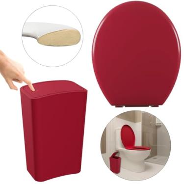Imagem de Assento Vaso Sanitário Oval Almofadado Vermelho + Lixeira Vermelha 8L Com Tampa Click