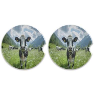 Imagem de Burbuja Porta-copos de vaca leiteira para porta-copos, pacote com 2, porta-copos de cerâmica absorvente para carro com entalhe de dedo, acessórios de carro fofos para mulheres