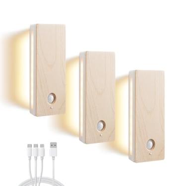 Imagem de Vadifula Luz noturna com sensor de movimento operado por bateria, luz noturna magnética com sensor de movimento regulável em 3 cores, para quarto, corredor, cozinha e escadas (3 pacotes de madeira de