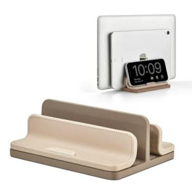 Imagem de Suporte vertical duplo para laptop, suporte vertical 3 em 1 com base ajustável (até 43 cm), organizador de mesa de armazenamento de laptop de couro para celular, tablet, MacBook/HP/Dell/Chrome Book