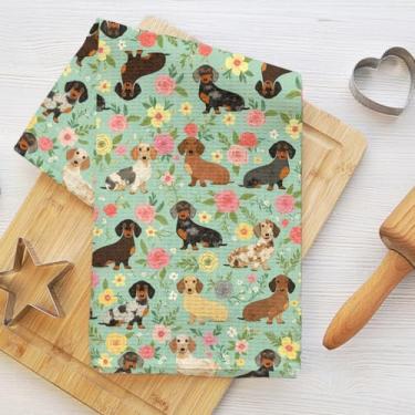 Imagem de Toalhas de cozinha fofas de dachshund, toalha de prato de microfibra absorvente decorativa de cachorro rústico, toalha de chá, toalhas de mão de trama de waffle para casa de banho, cozinha, presentes