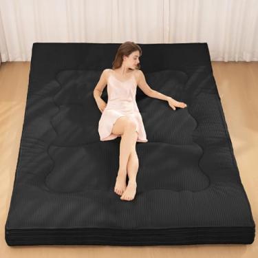 Imagem de NLDD Colchão japonês, colchão futon espesso de 10 cm, almofada de dormir de tamanho completo, almofada dobrável de veludo cotelê, tapete de tatame dobrável para quarto de hóspedes de adultos, preto