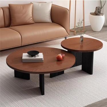 Imagem de Conjunto de 2 mesas de centro modernas, mesa de centro de madeira, mesa lateral para sala de estar, mesa de centro moderna, mesa de centro redonda, mesa central simples moderna (cor nogueira)