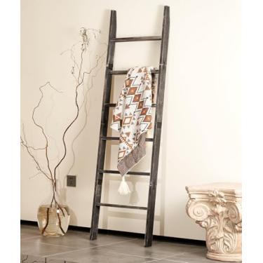 Imagem de Escada de cobertor para sala de estar, suporte de colcha decorativo de madeira para quarto, toalheiro de madeira inclinado para banheiro, escadas rústicas de fazenda para exibição. (lavagem preta)