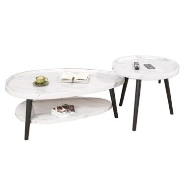 Imagem de Mesa de centro para sala de estar, mesa de centro retrô, mesa lateral redonda pequena de 2 andares, mesas de centro de madeira para sala de estar, sala de estar, decoração interna e doméstica (branca)