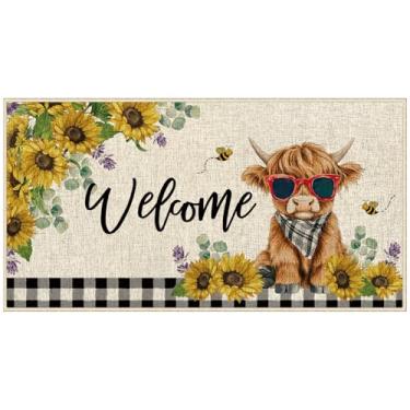Imagem de Dlzdn Girassol Highland Cow Bee Capacho Férias Verão Boas-vindas Antiderrapantes Tapetes de Entrada para Entrada Interior Exterior Piso 40 x 76 cm