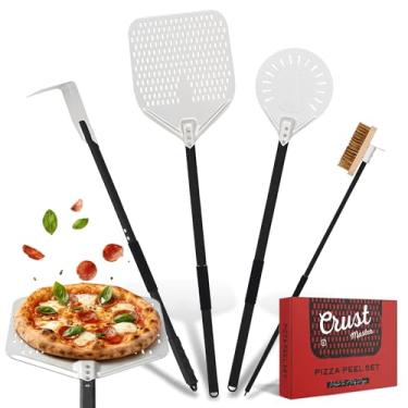Imagem de CrustMaster Conjunto de casca de pizza - Casca retangular de 30,5 x 35,5 cm, casca giratória redonda de 23 cm, escova de latão, ancinho de cinzas - Acessórios perfeitos para forno de pizza para fornos