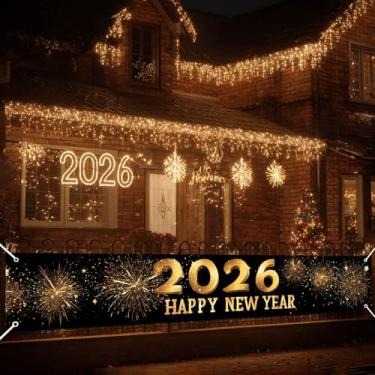 Imagem de HOMETITUTE Faixa de Feliz Ano Novo 2026 2026 x 20 cm Pano de Fundo Dourado Fogos de Artifício Exterior Decorações de Festa de Ano Novo para Cerca de Parede Quintal Varanda Escritório Celebração Banner