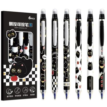 Imagem de MOZXIRZ 6 canetas de gel apagáveis fofas canetas retráteis de gato de 0,5 mm ponta fina azul caneta de escrita kawaii gatinho apagável para mulheres, meninas, meninos, homens, material escolar (gato
