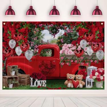 Imagem de MHLSWY 188 x 109 cm romântico dia dos namorados caminhão vermelho fundo rosa jardim coração balões fotografia fundo urso banner decoração estúdio foto adereços suprimentos bandeira exterior quintal