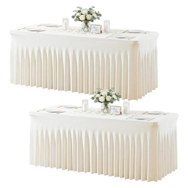 Imagem de Toalha de mesa marfim para mesas retangulares de 1,8 m, capa de mesa elástica de elastano com saia para chá de bebê, festa de aniversário, banquete, babados, toalha de mesa de casamento, saia de mesa