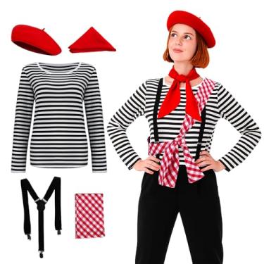 Imagem de CLEDARM Fantasia feminina Maelle listrada boina cachecol suspensório, roupa de Halloween, cosplay, aventura, conjunto (pequeno)