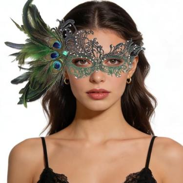 Imagem de heqxwl Feather Lace Masquerade Mask for Women, Detachable Feather Mask, for Halloween, Mardi Gras, Carnival, Masquerade Party (Black-green)