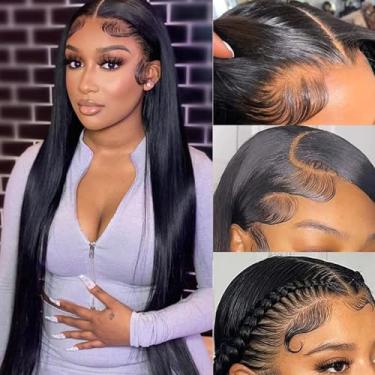 Imagem de Perucas de cabelo humano liso com renda frontal 71 cm 13 x 4 HD transparente para mulheres negras cabelo virgem brasileiro peruca frontal de renda 180% densidade pré-arrancada com cabelo de bebê, cor