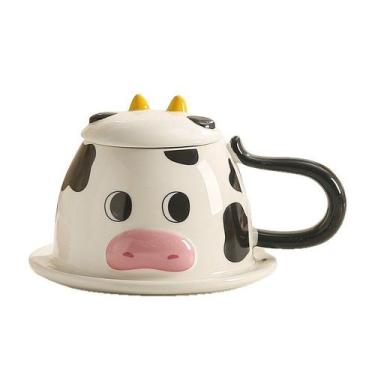 Imagem de Caneca de cerâmica Cow Design com tampa e pires 350 ml para café/chá -