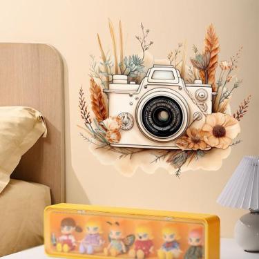 Imagem de Câmera de adesivos de parede Câmera vintage com flores em PVC 30x35cm 