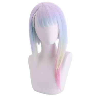 Imagem de Peruca de cosplay, curta arco-íris pastel com franja lateral de 40 cm 