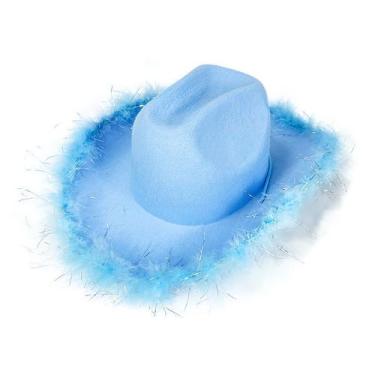 Imagem de Chapéu de caubói azul genérico de feltro macio com acabamento em penas