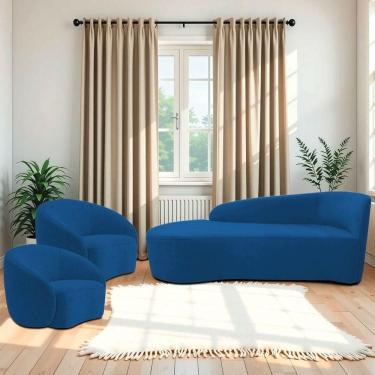 Imagem de Kit Divã Recamier Orgânico França 160cm Lado Esquerdo E 2 Poltronas Amore Linho Azul Royal