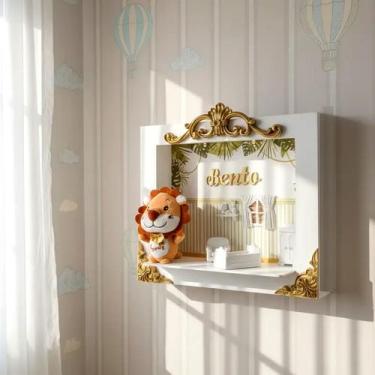 Imagem de Quadro Porta Maternidade Cenário Led e nome safari leão branco e doura