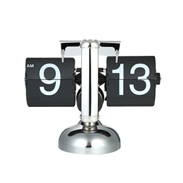 Imagem de yeacher Relógio de mesa de pequena escala retrô flip over clock aço inoxidável flip interno com engrenagem relógio de quartzo preto/branco