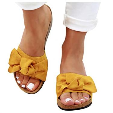 Imagem de Sandálias femininas casuais verão, sandálias abertas de renda floral rasteiras sandálias de praia romana, X01 - Amarelo, 10