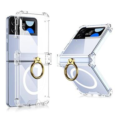 Imagem de Para Samsung Galaxy Z Flip 4 Estojo magnético de carregamento sem fio Suporte de anel transparente Dobradiça dobrável Capa traseira à prova de choque, transparente, para Galaxy Z Filp 4