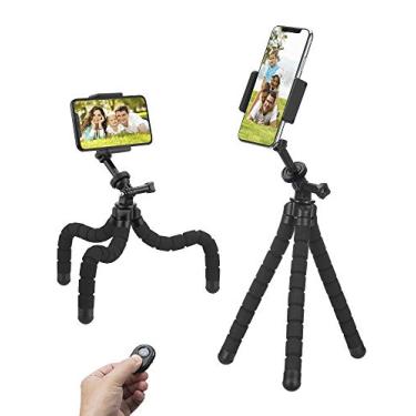 Imagem de Tripé de telefone, tripé flexível, ajuste de ângulo de 4 eixos, suporte giratório exclusivo de 360°, pernas resistentes estilo polvo e obturador remoto sem fio para iPhone, telefone Android, câmera DSLR e GoPro.