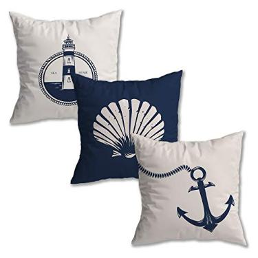 Imagem de Kit 3 Capas de Almofada Nautica Suede Ziper Invisível (Azul Farol + Concha + Ancora - 45 x 45cm)