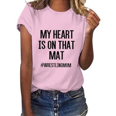 Imagem de Camiseta feminina My Heart is on That mat wrestlingmom 2024 verão casual macia com frase blusa leve, rosa, G