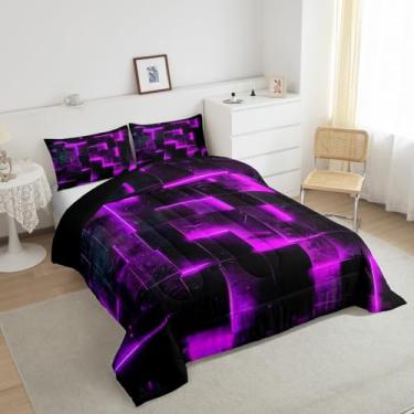 Imagem de Jogo de cama completo com estampa de búfalo brilhante 3D roxo e preto, arte abstrata, geométrico, xadrez, gradiente, futurista, cubos, edredom (preto reversível)