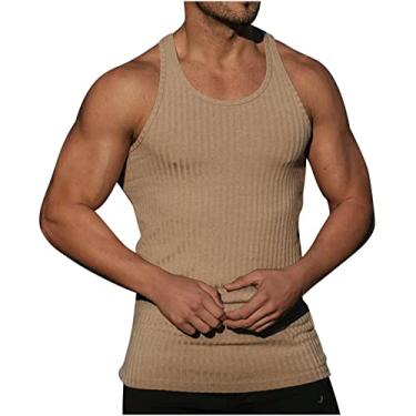 Imagem de Camiseta regata canelada lisa para academia masculina verão outono gola canoa colete masculino 2024 ajuste regular, T-075 cáqui, 3G