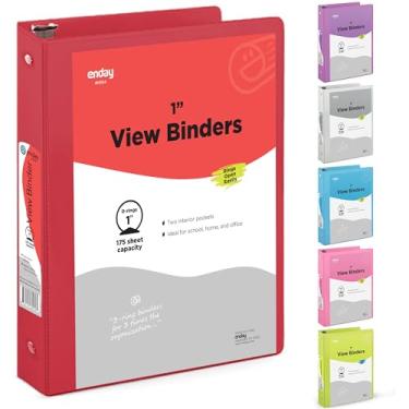 Imagem de Fichário de 3 anéis, vermelho, 2,54 cm, capa transparente de 2,54 cm com 2 bolsos internos, fichário de material escolar colorido, rosa, azul, roxo, verde e cinza, da Enday